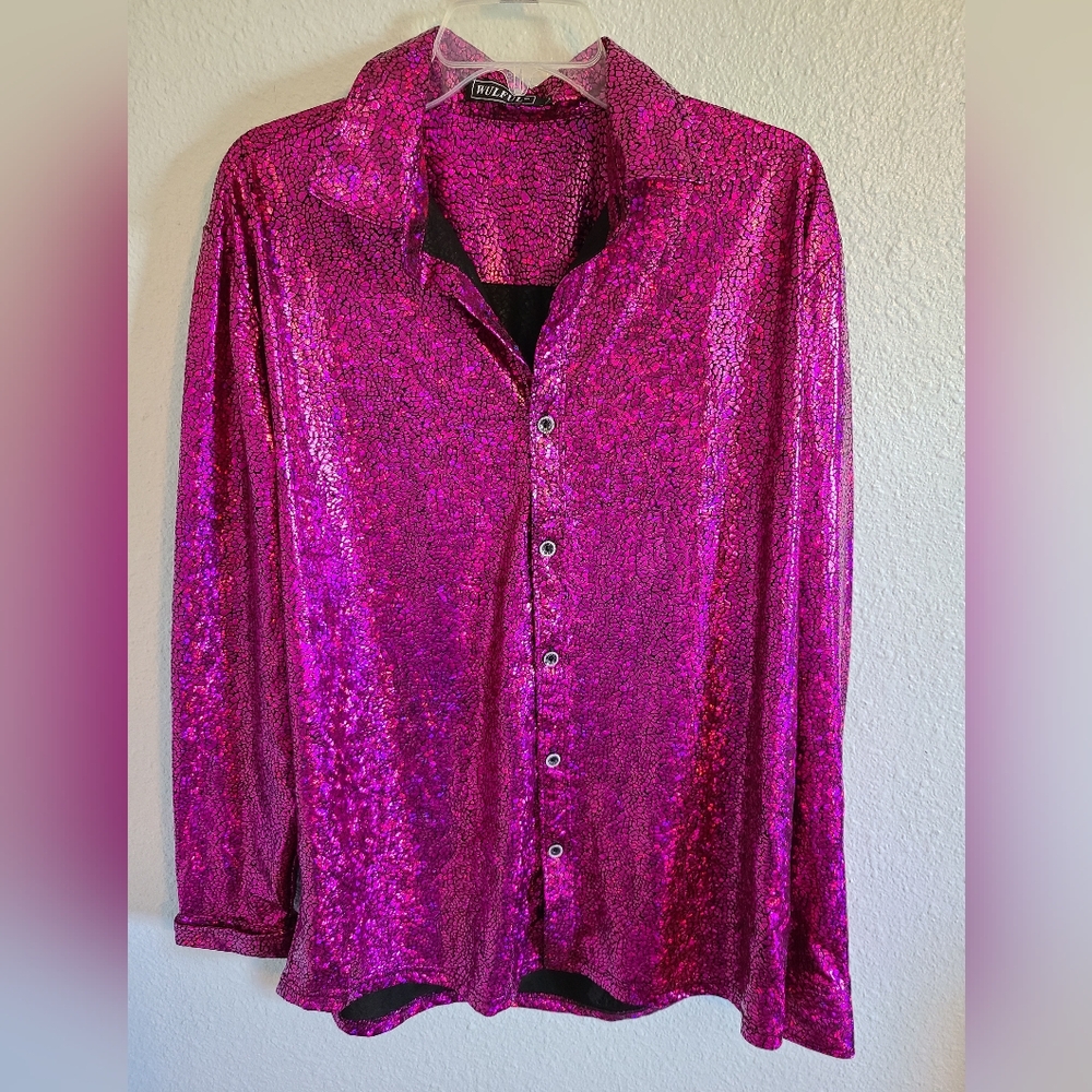 Vintage Men's Y2K Wulful Disco Clubwear Long Sleeve Button Down Sparkly Shirt